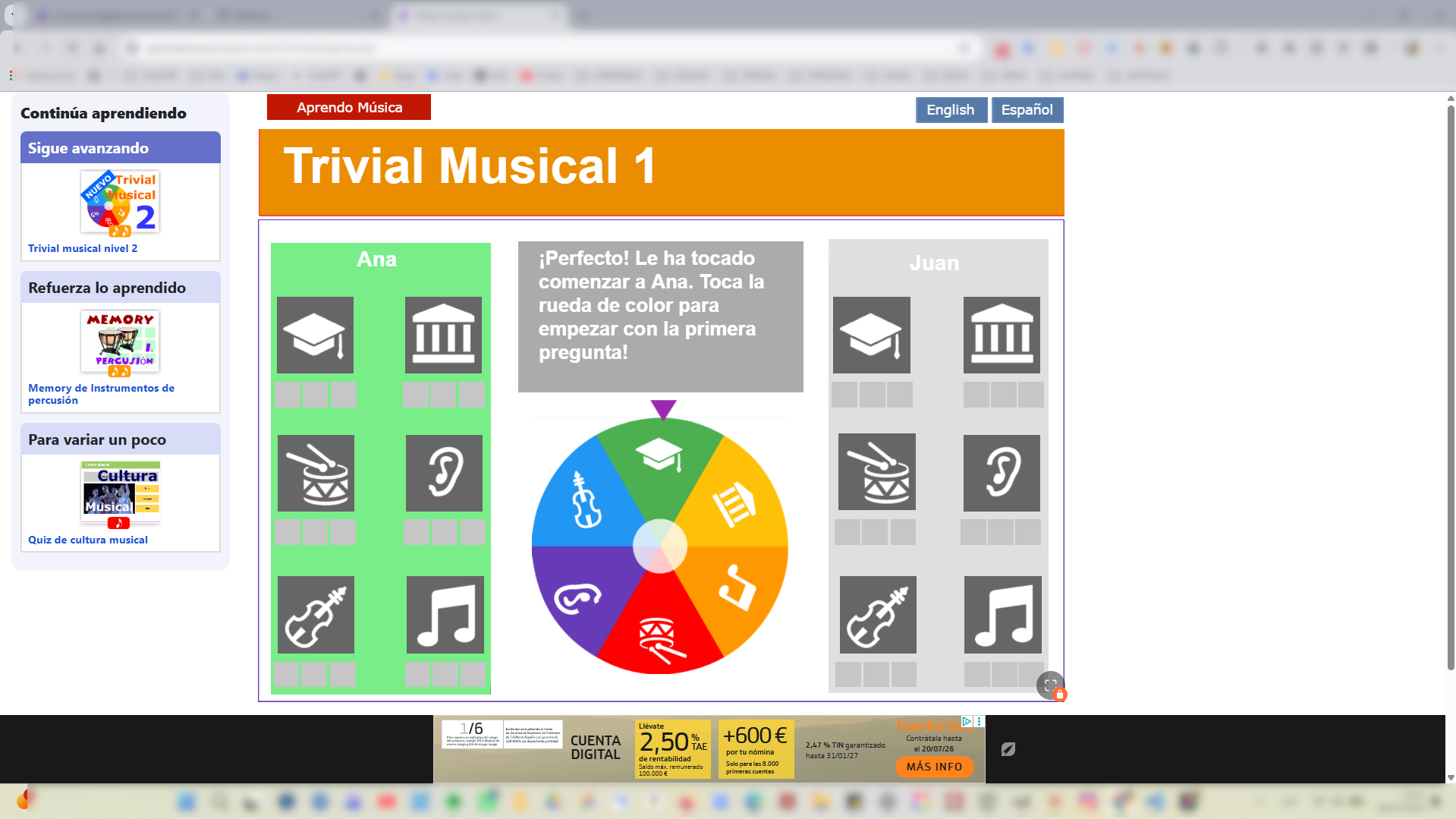 Trivial Musical en vista normal, con menú lateral y publicidad