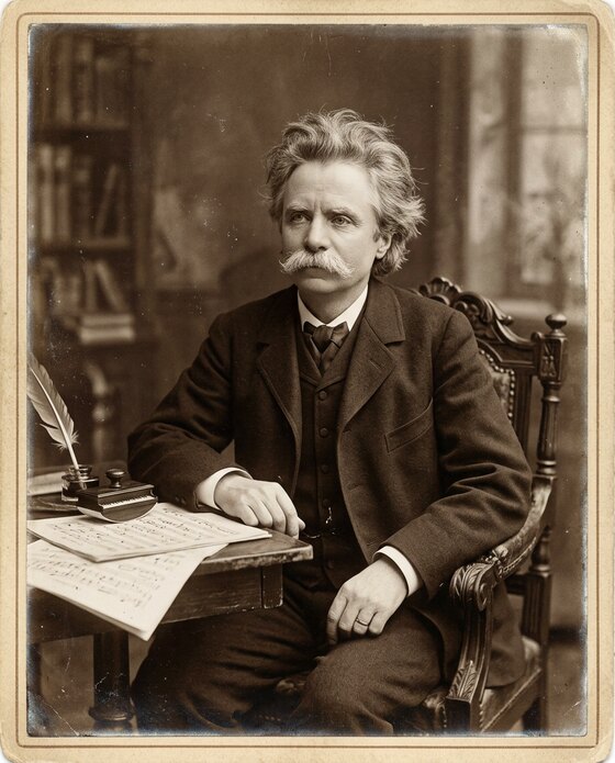 Retrato de Edvard Grieg, con bigote y pelo alborotado, sentado junto a una mesa con partituras
