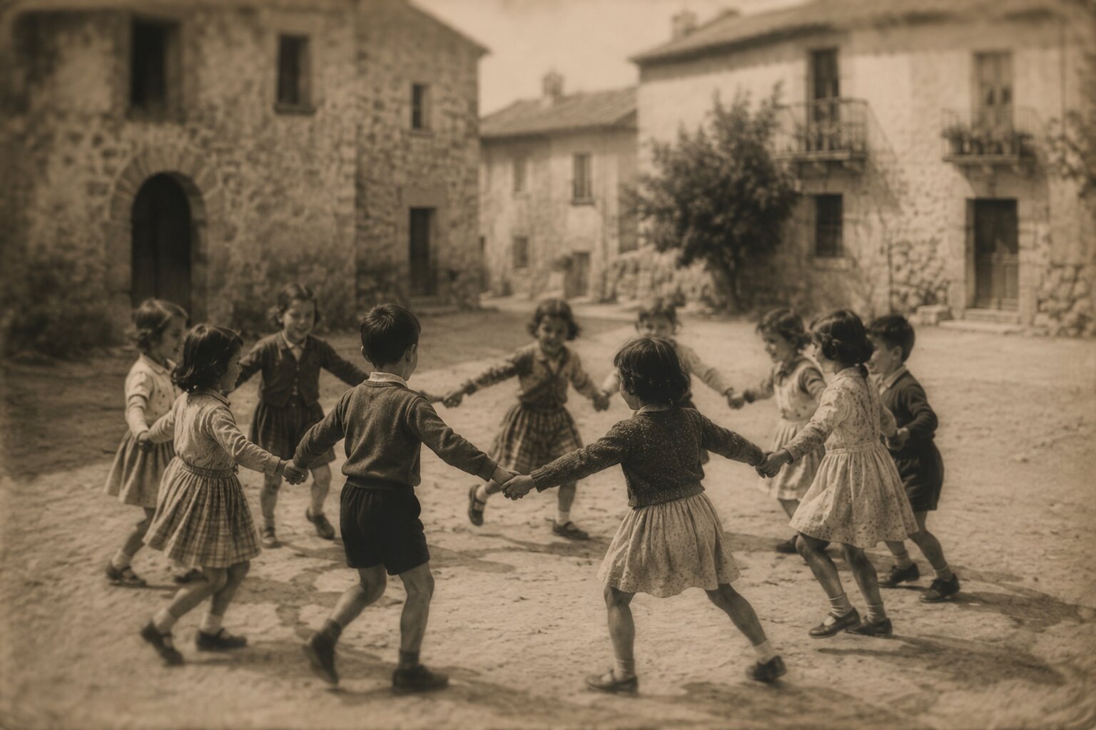Grupo de niños cogidos de la mano jugando al corro en la plaza de un pueblo