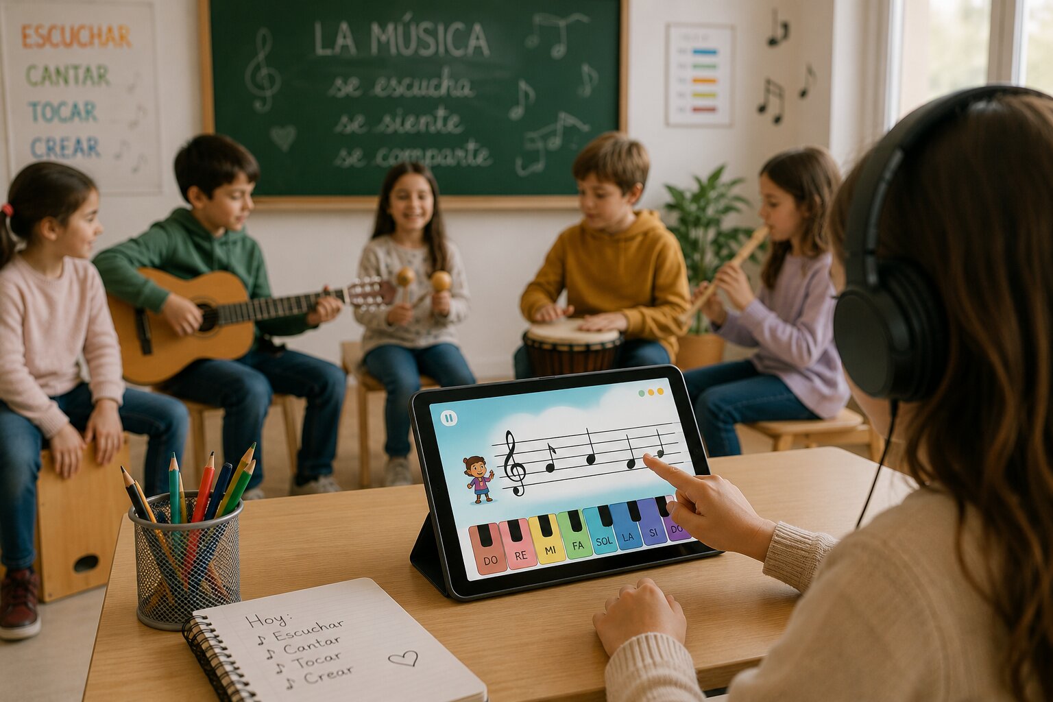 Alumnos tocando instrumentos en corro frente a una pizarra con el lema "La música se escucha, se siente, se comparte", mientras en primer plano una niña con auriculares practica notas musicales en una tablet.
