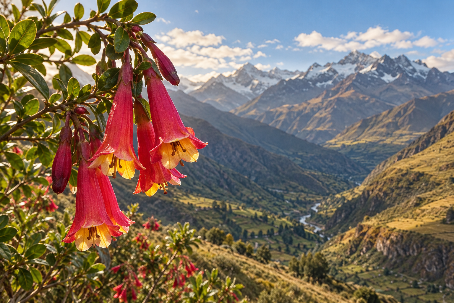 Flores rojas y amarillas de cantuta en primer plano, con un valle andino y montañas nevadas al fondo