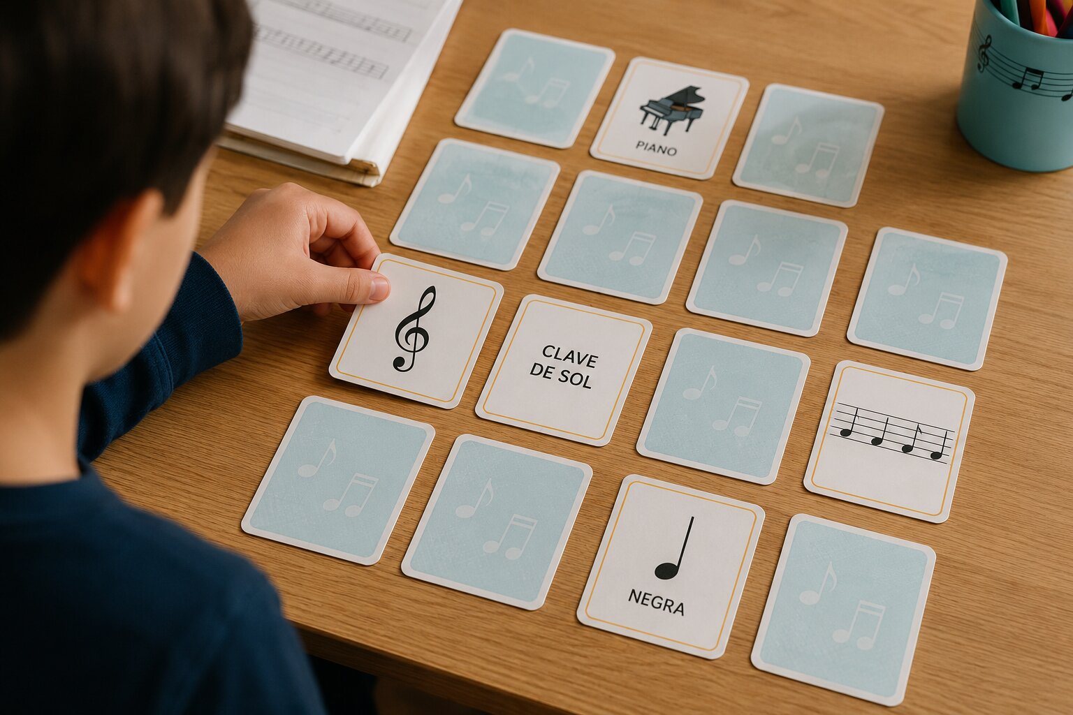 Un alumno levanta una carta con el símbolo de la clave de sol, junto a otras cartas boca abajo y una carta con el texto CLAVE DE SOL