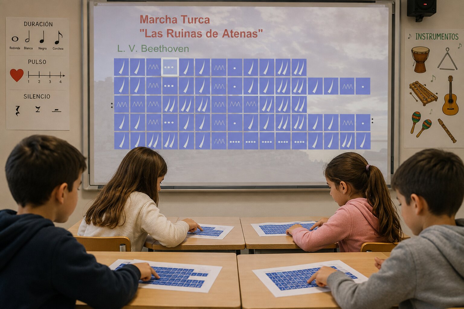 Alumnado de primaria siguiendo con el dedo, sobre su copia en papel, el musicograma de la Marcha Turca de Las Ruinas de Atenas proyectado en la pizarra digital