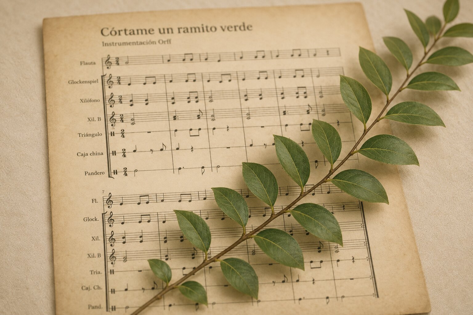 Fotografía de la partitura de Córtame un ramito verde sobre papel envejecido, con una ramita verde apoyada encima